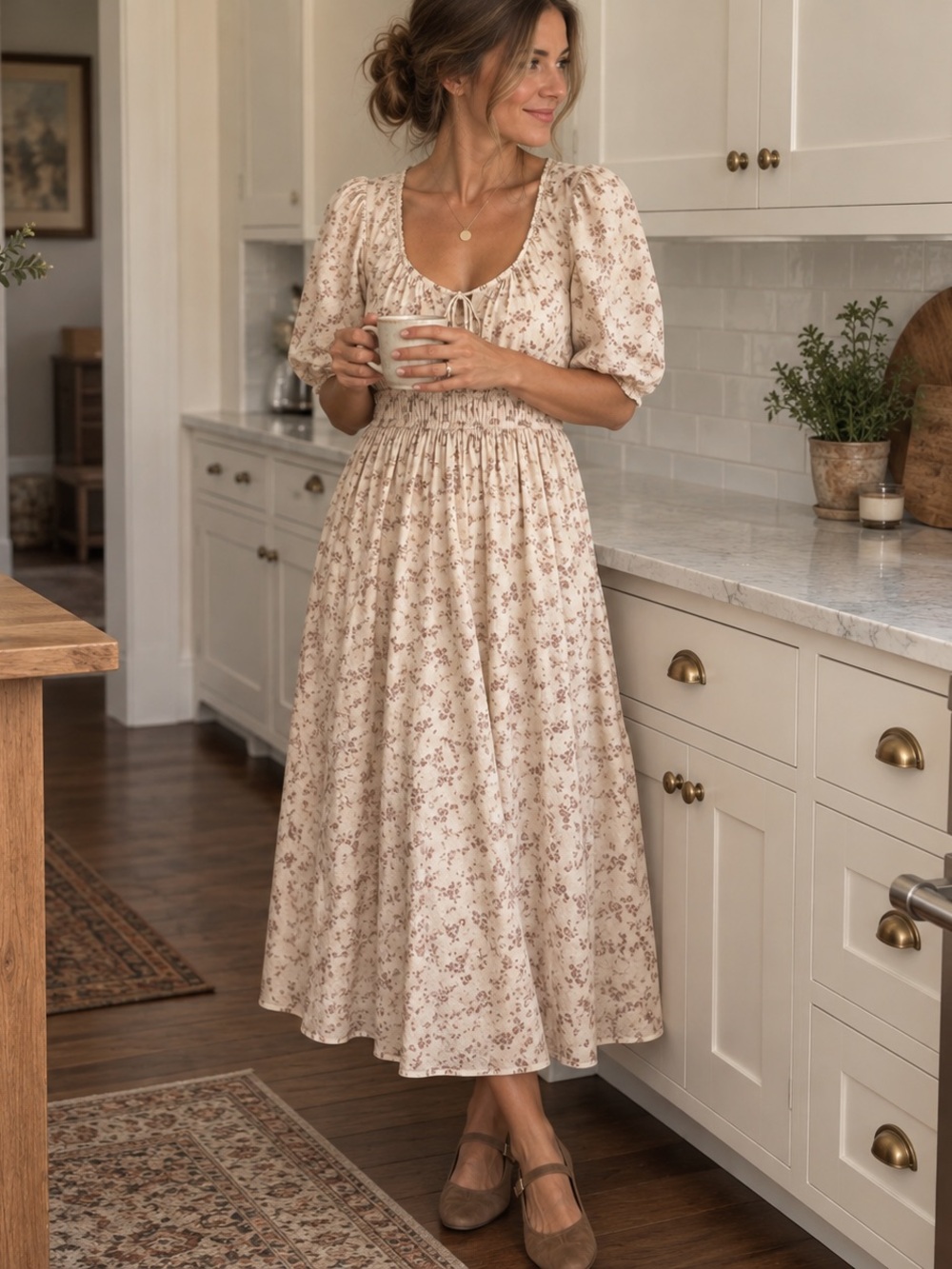 EUC Neuflora Cottonwood Dress Medium pink Floral Midi Dress Cream cotton